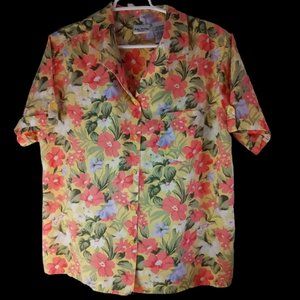 Vintage Granny Tropical Floral Hawaiian Print Shirt Top